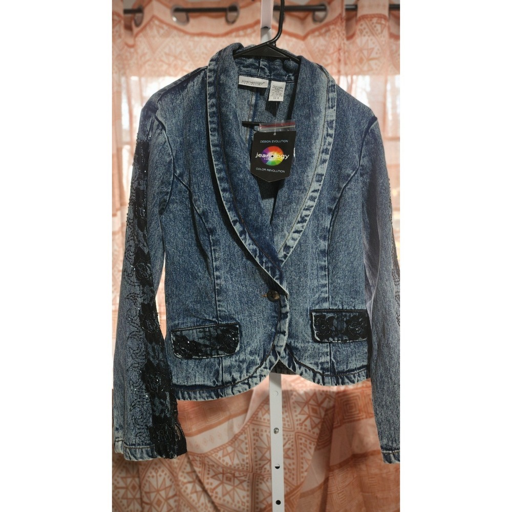 Vintage Jeanology Denim Lace Blazer Button Collared Distressed Jacket Size 8‎